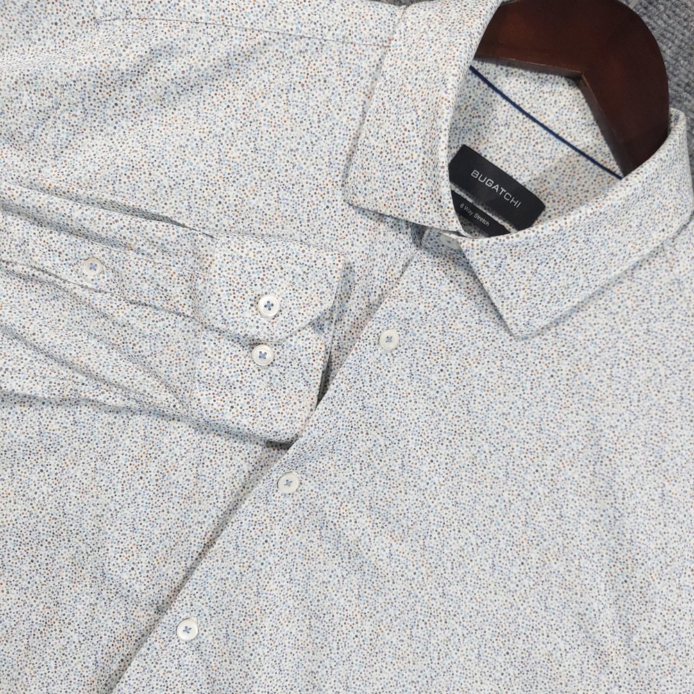 Bugatchi Dress Shirt Mens L White Polka Dot Regular Fit 8 Way Stretch Cotton LS